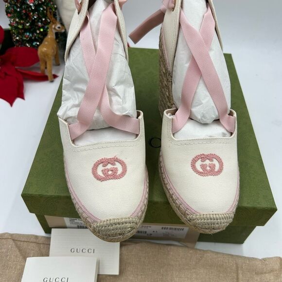 Women’s Gucci white/pink wedge espadrilles size 41 made in Spain - Picture 2 of 11